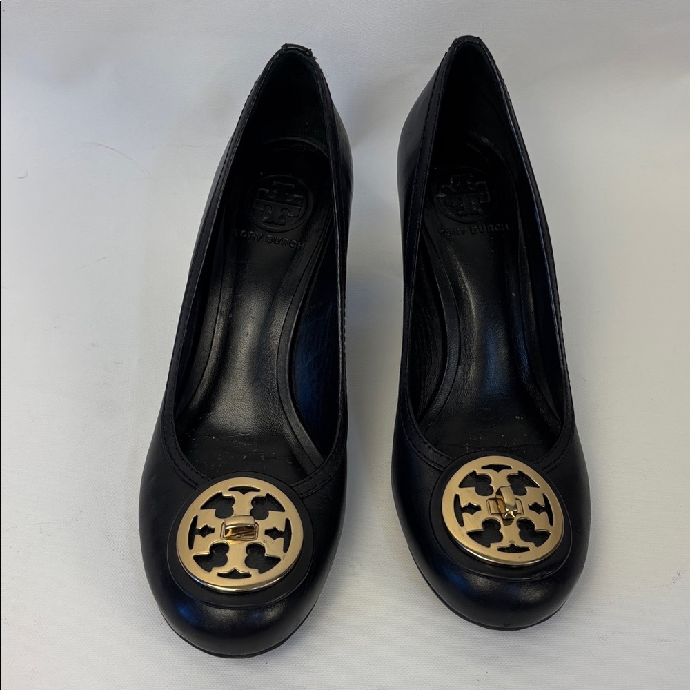 Tory Burch Black Heels with Gold Emblem